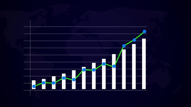 A dynamic bar and line graph displaying fluctuating financial data trends against a dark blue map background with subtle grid lines indicating progress and growth over time