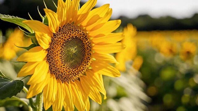 Close up shot of vibrant yellow sunflower blooming in open sunny field during daytime, natural beauty macro concept