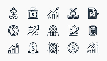 Fototapeta premium Modern coin collection line icon set, featuring stacked coins, single coin, coin exchange, coin in hand, coin growth, coin savings, money bag, piggy bank, wallet,