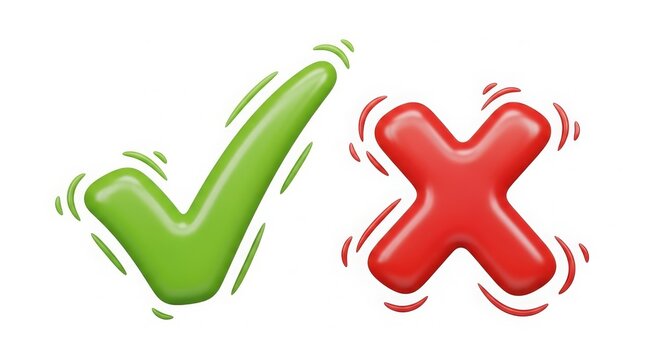 Decision Making - 3D Green Check Mark and Red X Cross Symbol Vibrating on White Background