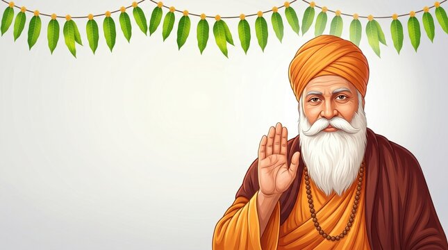 Saintly figure with guru purnima white beard and orange turban offering blessing gesture under hanging leaf garland