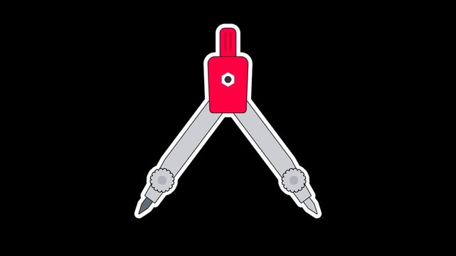 Seamless looping animation of a bouncing red drawing compass with school and office stationery for back to school. Sticker design element isolated on transparent alpha channel