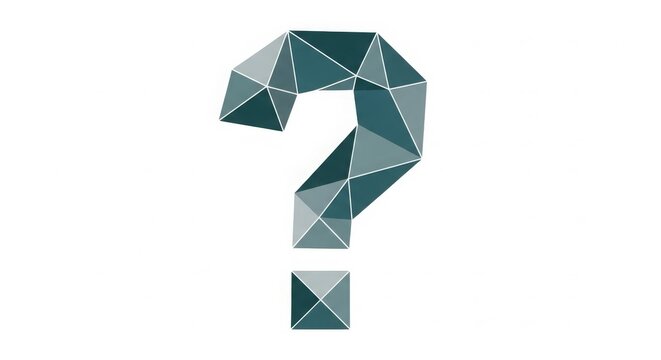 Design - Geometric Low Poly Question Mark Symbol Made of Teal and Gray Triangular Facets on White Background
