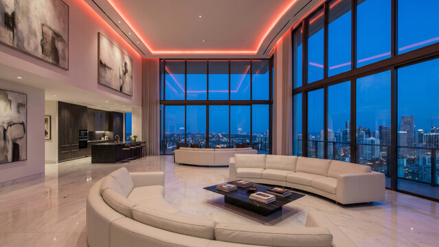 Ultra-luxury penthouse living room with double-height ceilings, floor-to-ceiling glass windows overlooking a vibrant city skyline at blue hour, white marble flooring, elegant white leather sofas, mode