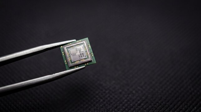 microelectronics components, close-up of a mems chip held by tweezers, with ample negative space