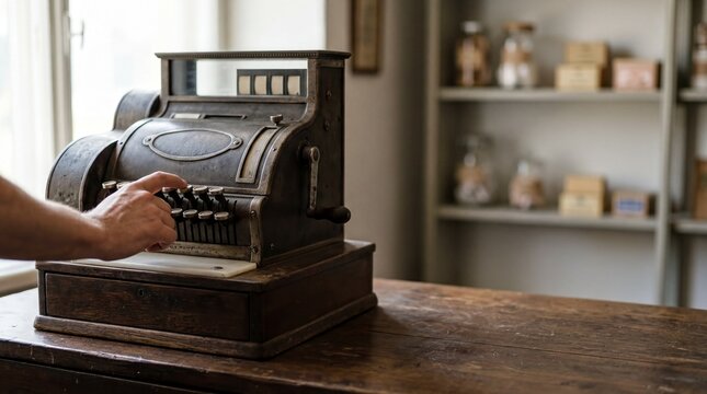 retail checkout experience, a vintage cash register sits on a shop counter, occupying half the space