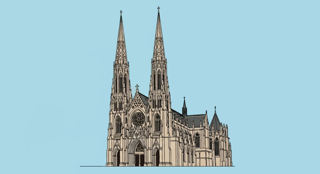 Vector illustration of St. Patrick's Cathedral in Manhattan, New York City, featuring its iconic twin spires, Neo-Gothic architecture, and rose window on a light blue background.