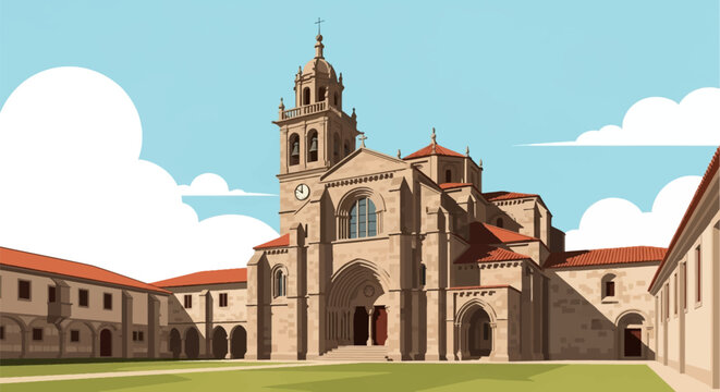 Vector illustration of the Monastery of Santo Estevo de Ribas de Sil in Nogueira de Ramuin, Spain, featuring the stone facade, bell tower with clock, and tiled roofs under a clear blue sky.