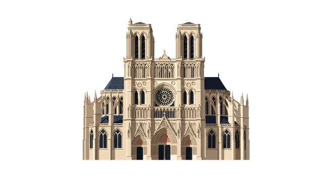 Detailed vector illustration of the Notre-Dame Cathedral facade isolated on white, showcasing gothic architecture, twin bell towers, rose window, and stone flying buttresses.