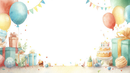 Obraz premium Birthday celebration theme for party event. A vibrant watercolor painting of a birthday scene, featuring a cake adorned with lit candles, gift boxes, balloons, and confetti.