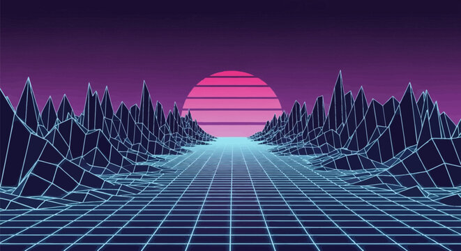 Retro-futuristic 1980s synthwave landscape with blue neon wireframe grid floor and low-poly mountains leading toward a striped pink sun on a dark purple gradient background.