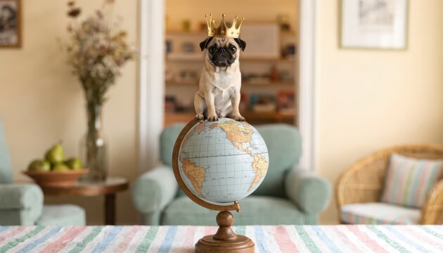 Regal Pug on Globe, Symbolic of Global Domination and Canine Royalty, Captured in Whimsical Home Setting