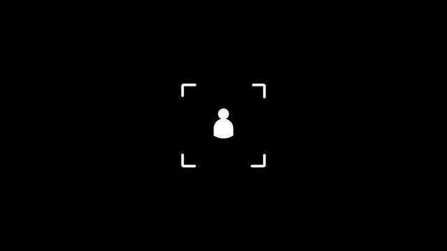 A minimalist white of a person silhouette centered within a square focus frame with corner brackets on a stark black background representing user identification or profile selection