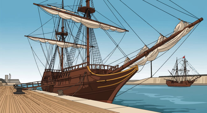 Detailed vector illustration of a historic wooden sailing ship with masts and sails docked at a wooden harbor pier in Santander, Spain, featuring clear blue sky and calm water.