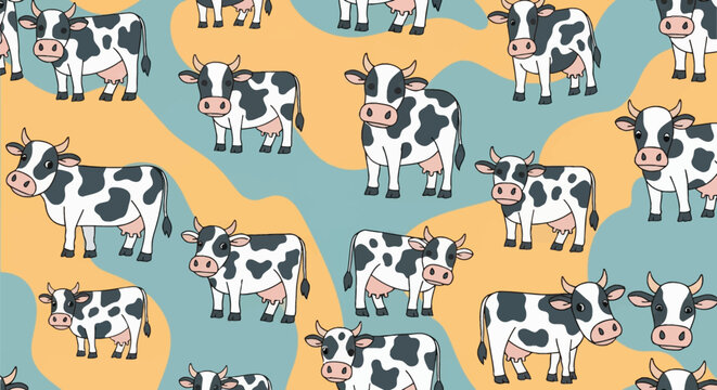 Seamless pattern of cartoon dairy cows with black spots and pink udders on a background of abstract yellow and light blue organic shapes. Hand drawn vector illustration.