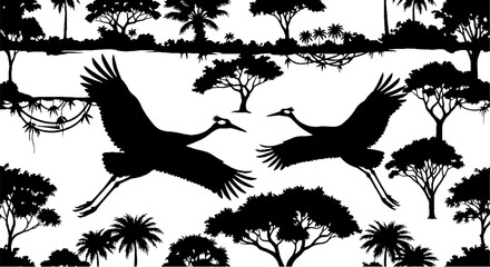 Obraz premium Silhouette of Two Birds Flying Over Tropical Trees.