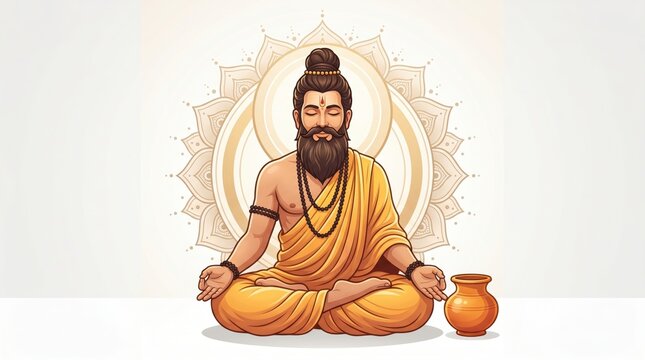 Spiritual guru meditating in lotus pose with traditional clay pot and intricate mandala guru purnima background