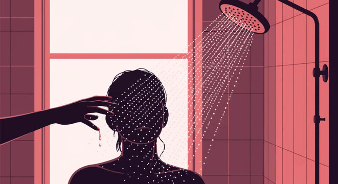 Vector illustration of a person in silhouette standing under a showerhead with falling water droplets, a hand reaching out to touch the face against a pink tiled bathroom background.