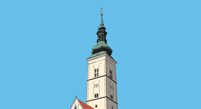 Vector illustration of the upper bell tower and spire of St. Mark's Church in Zagreb, Croatia, featuring its green copper roof and white facade against a solid blue background.