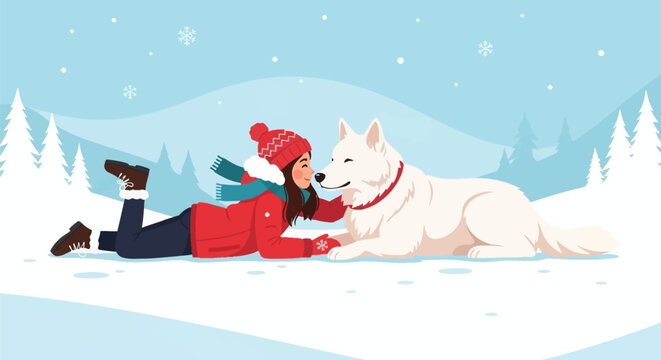 Flat vector illustration of a young woman in a red winter jacket, knit hat, and scarf lying in the snow with a large white dog against a snowy landscape with pine trees and snowflakes.