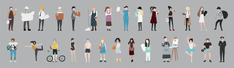 Fototapeta premium Vector of diverse characters in various professions and activities on a gray background.