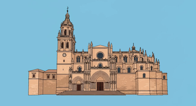 Vector illustration of the Badajoz Cathedral (Catedral Metropolitana de San Juan Bautista de Badajoz) in Spain, featuring its iconic bell tower, Gothic facade, and stone walls.