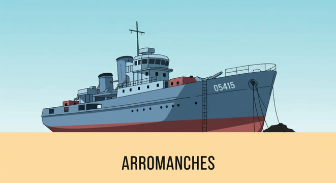 Flat vector illustration of a World War II era naval warship with identification number 05415 and Arromanches text, featuring a blue hull and red waterline on a sandy beach background.