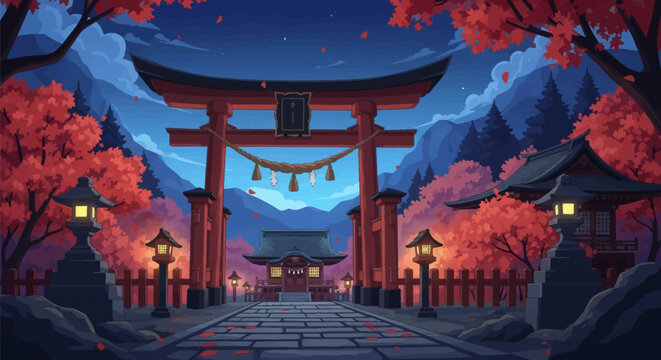 Traditional Japanese Shinto shrine at night featuring a large red torii gate with shimenawa rope, glowing stone lanterns, and autumn maple trees under a starry sky with mountains.