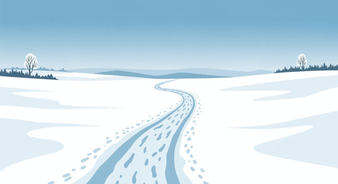 Minimalist vector illustration of a winding road through a snow-covered winter landscape with distant hills, bare trees, and footprints under a clear light blue sky.