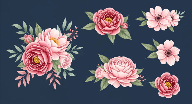 Watercolor floral illustration set featuring pink roses, peonies, and anemone flowers with green leaves and berries on a dark blue background, elegant botanical design elements.