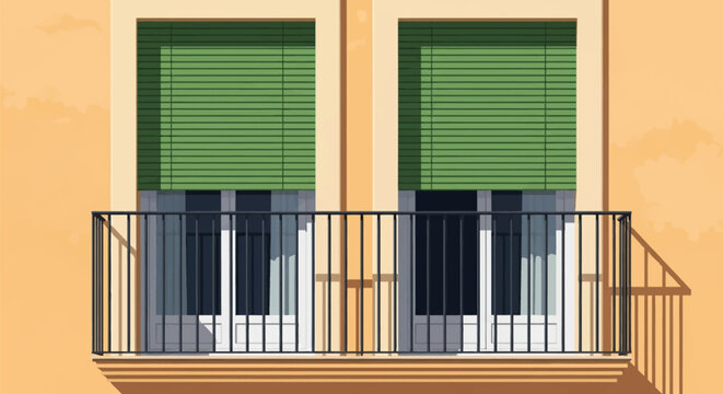 Flat vector art of a classic European balcony with two glass doors, dark green roller blinds, and a black wrought iron railing on a textured yellow stucco building exterior.