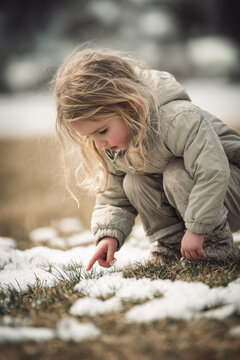 Spring snow ice thaw, end of Winter Season, hope, fresh start. A young girl in a light gray jacket and pants crouched on the snowcovered ground, playing with snowflakes. The background is blurred.