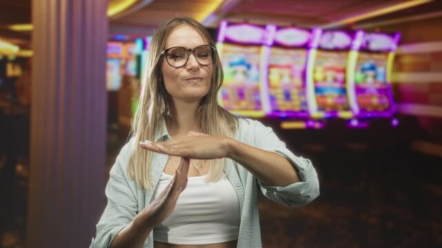 Woman forms t with hands in a building casino near illuminated slot machines, wearing glasses and a white crop top, facing camera; dismissal confidence.