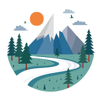 Flat design mountain landscape with river and trees