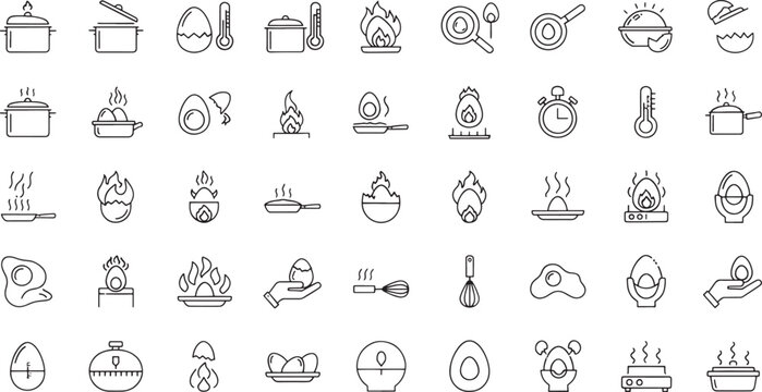 Collection of line depicting egg preparation and cooking methods line set