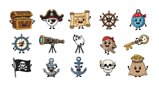 Cute Cartoon Pirate Treasure Chest, Map, Ship Wheel, Spyglass Icons