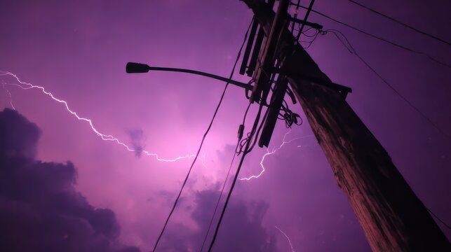 Dramatic lightning thunderstorm with utility pole, powerlines, streetlamp, storm, electricity, sky, weather, bolt, energy and clouds under a vivid purple night atmosphere and extreme conditions