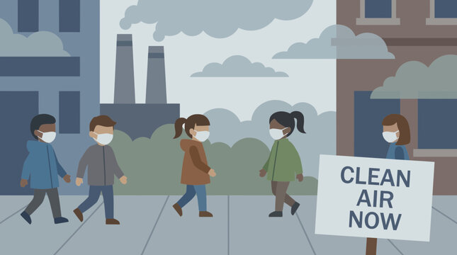 Children Affected by Air Pollution Wearing Masks Outdoors