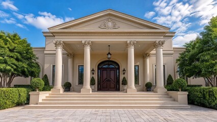 Fototapeta premium An elegant residence with classical columns, framed by blue skies and lush greenery.