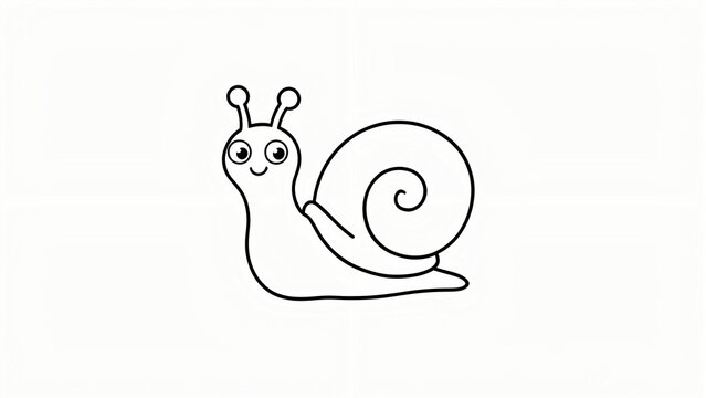 Cute snail cartoon outline drawing for coloring book page, simple black and white line art illustration of a happy mollusk creature, perfect for childrens creative activities