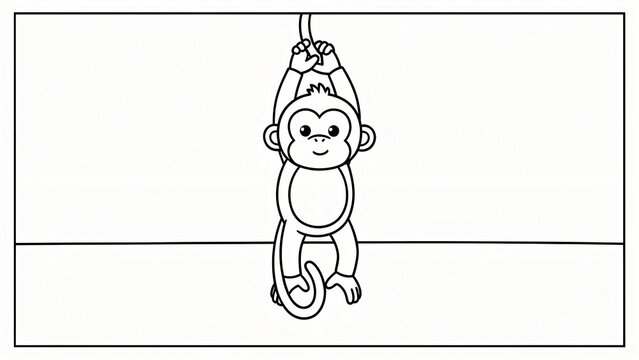 Cute cartoon monkey hanging from a vine, black and white line art illustration for children's coloring book, simple animal character outline drawing for kids activity page.