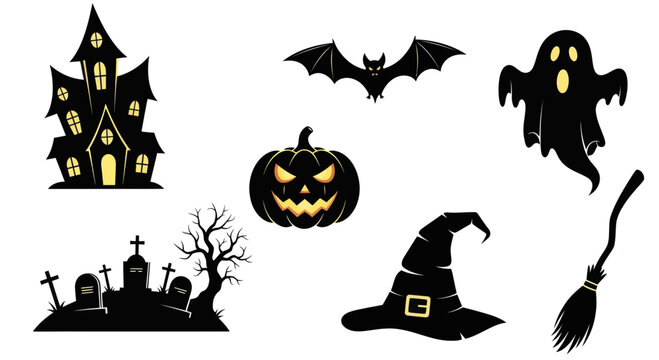 Halloween icons and symbols black.