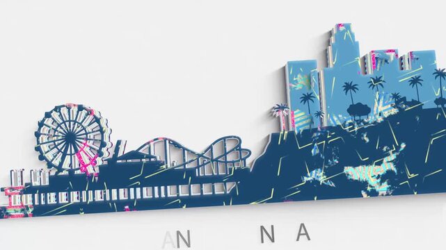 Santa Monica Pier and Los Angeles City Skyline Animated Silhouette Graphic