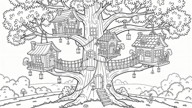 Detailed coloring book illustration of whimsical treehouse village, featuring multiple houses, rope bridges, and nature elements for children's creative activity.