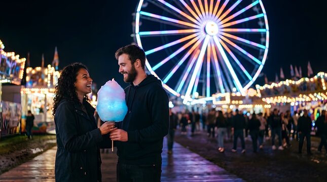 Happy couple sharing cotton candy at an illuminated amusement park at night