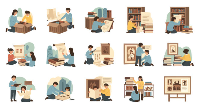 Illustration of children learning and reading books in a library, flat style