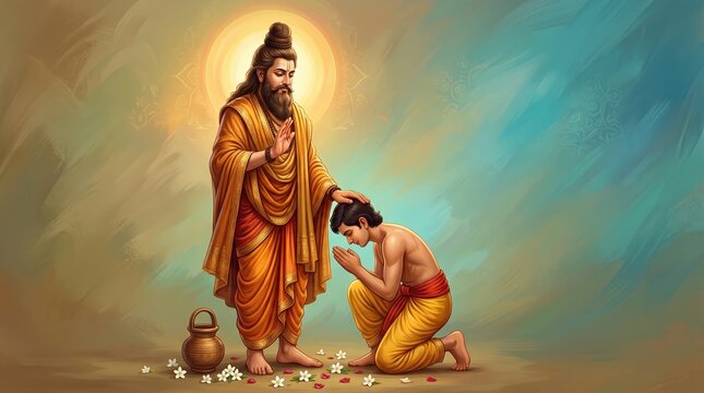 Wise indian sage giving a spiritual blessing to a devoted young student in a traditional cultural guru purnima