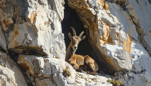 A wild animal, likely a caprid, lounges peacefully within a rock formation's natural cave, gazing outwards. The rugged rocks have unique textures