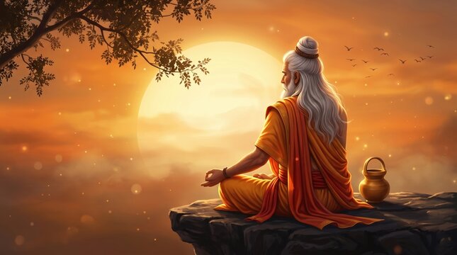 Wise old hermit meditating on a mountain peak during a radiant golden sunset with nature meditation guru purnima