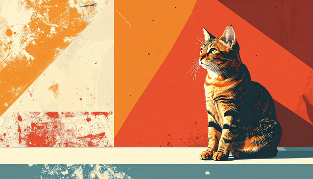 Mid-century modern style illustration of a cat with copy space 3